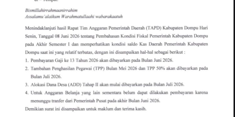 TPP ASN Dompu Ditunda, Saldo Kas Daerah Disebut Terbatas